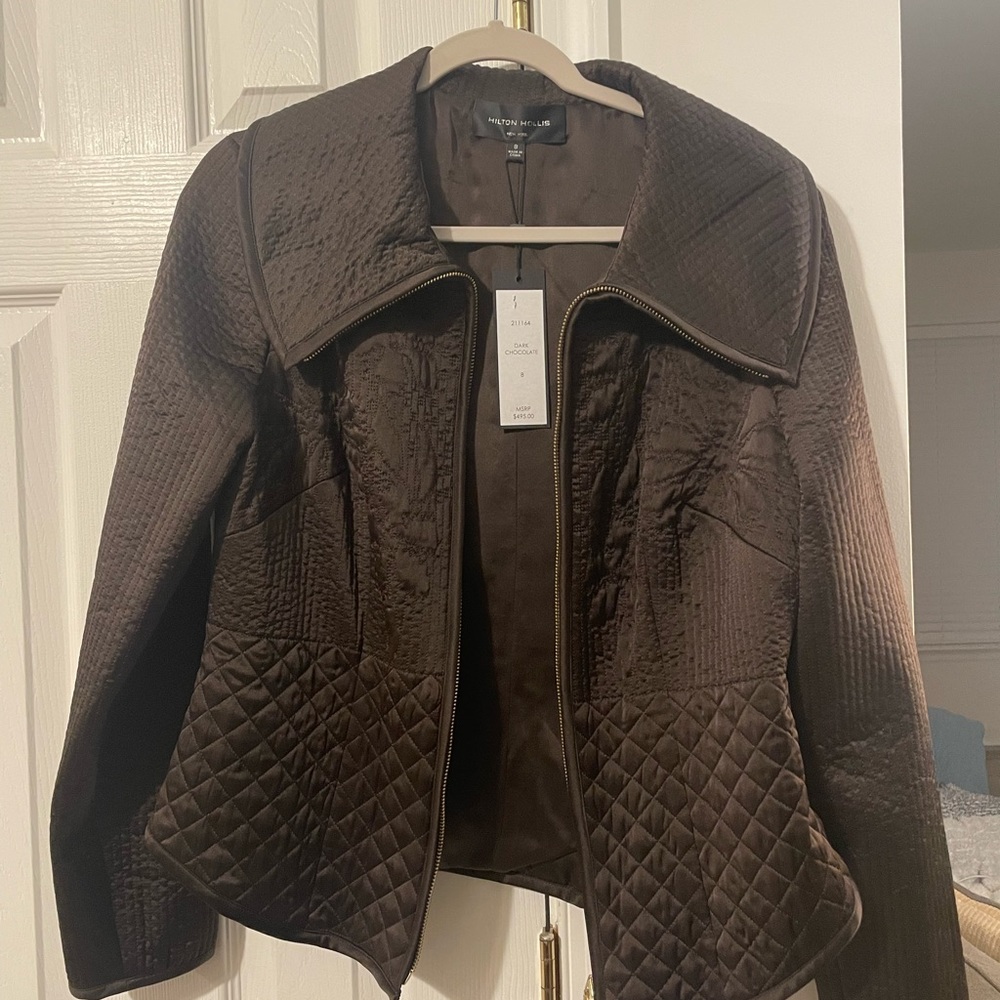 Hilton Hollis Chocolate Brown SILK Jacket- Size 8, NWT. MSRP shows $495
